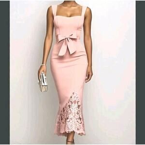 Fehaute Womens Baby Pink Sweetheart Neckline Lace Panel Midi Maxi Dress Size 4
